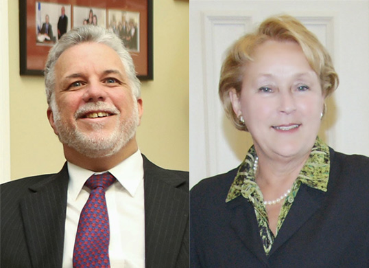 Philippe Couillard, chef du Parti libéral, et Pauline Marois, chef du Parti Québécois. | Photos de Justin Trudeau (à gauche) et du Parti Québécois (à droite)  