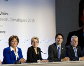 Christy Clark shares the stage in Paris with Prime Minister Justin Trudeau and other Canadian Premiers. | Photo courtesy of the Province of British Columbia  