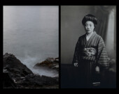 Arrival by Chino Otsuka. Photograph with archival image (NNM 2001-28-2-4: A picture bride photo of Kinori Oka).| Photo courtesy of Nikkei National Museum.