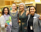 From left to right: Ravi Basi, Manager of Multicultural Services at Surrey Libraries; Meghan Savage, Poet Laureate Project Coordinator and Acting Branch Manager for Guildford and Port Kells Libraries; Renee Sarojini Saklikar, Surrey Poet Laureate; and Surinder Bhogal, Chief Librarian of Surrey Libraries.| Photo by Michelle Andrus.  