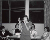 High Holiday meeting of the Drora Executive, B’nai B’rith Girls, Vancouver, BC, circa 1966. Cindy Wine in foreground,
blowing the shofar. Seated, L-R: Antoinette Wertman, Debby Freiman, Jacquie Goldberg, and Wendy Fouks. | Photo courtesy of Michael Schwartz  