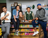 Lee Shorten, Jessie Liang, Maki Yi, James Yi, and Tré Cotten in Kim’s Convenience.| Photo by Emily Cooper.  