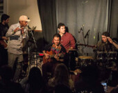 Left to right: Alan Ruiz on drums, Yoandry Trujillo on flute, Balam S. Antonio 
on guitar and native instuments, Juan Encinales on drums and Sangito Bigelow on latin percussion.| Photo by Nicolas Segura.  