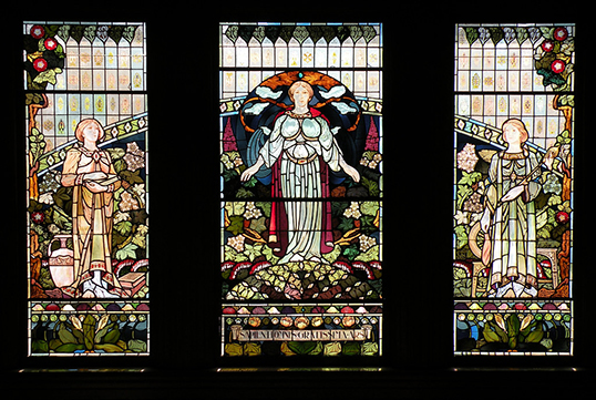 The “Three Graces” stairwell window, found in Gabriola mansion and created by Bloomfield & Sons Studio. | Photo courtesy of Vancouver Heritage Foundation   