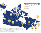 The proportion of the population whose first official language spoken is French is
the highest in Quebec, followed by New Brunswick and Yukon | Illustration courtesy of Statistics Canada
  