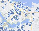 Sur le site de RésoSanté, une carte interactive indiquant la présence de professionnels de la santé dans lecentre-ville de Vancouver. (Crédit : RésoSanté)  