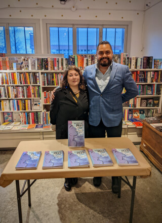 Tchadas and Sarah Leo at a Lucky’s Books book launch for Xwémalhkwu Hero Stories: A Graphic Novel (2024), UBC’s ongoing project with the Homalco First Nation. — Photo by Prudence Kelly-Andrews