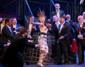 Justin Welsh as Marullo, Jan van der Hooft as Matteo Borsa, and Andrew Greenwood as Count Ceprano with the Pacific Opera Victoria Chorus and Supernumaries | Photo by David Cooper Photography  