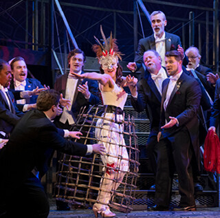 Justin Welsh as Marullo, Jan van der Hooft as Matteo Borsa, and Andrew Greenwood as Count Ceprano with the Pacific Opera Victoria Chorus and Supernumaries | Photo by David Cooper Photography  