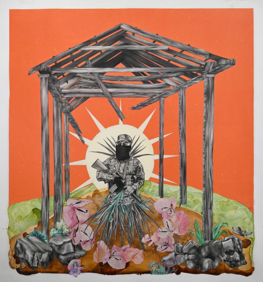 10. Osvaldo Ramirez Castillo, Untitled, 2024, colour pencil, acrylic ink, watercolour, oil paint, collage on mylar, 87.63 x 91.44 cm, Courtesy of the artist  