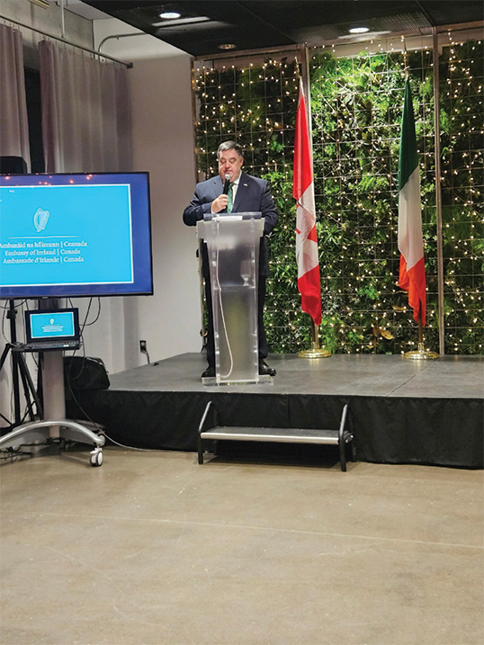 Bryan O’Gallagher, Ireland’s Honorary Consul for Quebec, at an Irish community reception in Quebec City, Nov. 2024. &mdash; Photo by Johanne Marceau