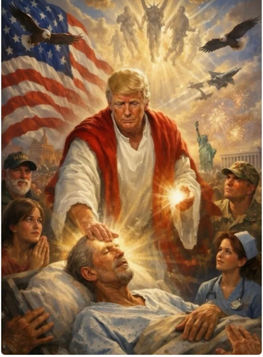 « Pour couronner le tout, possédant le don de mettre les pieds dans le plat, Don, sur son site personnel qu’il affectionne, s’est permis, à l’aide d’une image tronquée, de se faire passer pour Jésus Christ. » | Photo par Donald Trump, Truth Social  