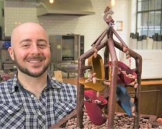 Geoseph Domenichiello with a miniature chocolate Wellington fountain. | Courtesy of The Science of Chocolate.  