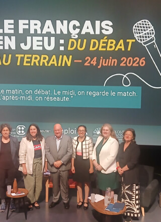 Emmanuelle Corne-Bertrand (DG de la FFCB), Chantal Hébert (journaliste politique), Suzanne Huot (professeure-chercheure), Luc Fournier (modérateur du débat), Lauren Touchant (professeure-chercheuse), Jennifer Blatherwick (MLA Coquitlam), Marie-Nicole Dubois (Présidente du CA de la FFCB) &mdash; Cécile Rey